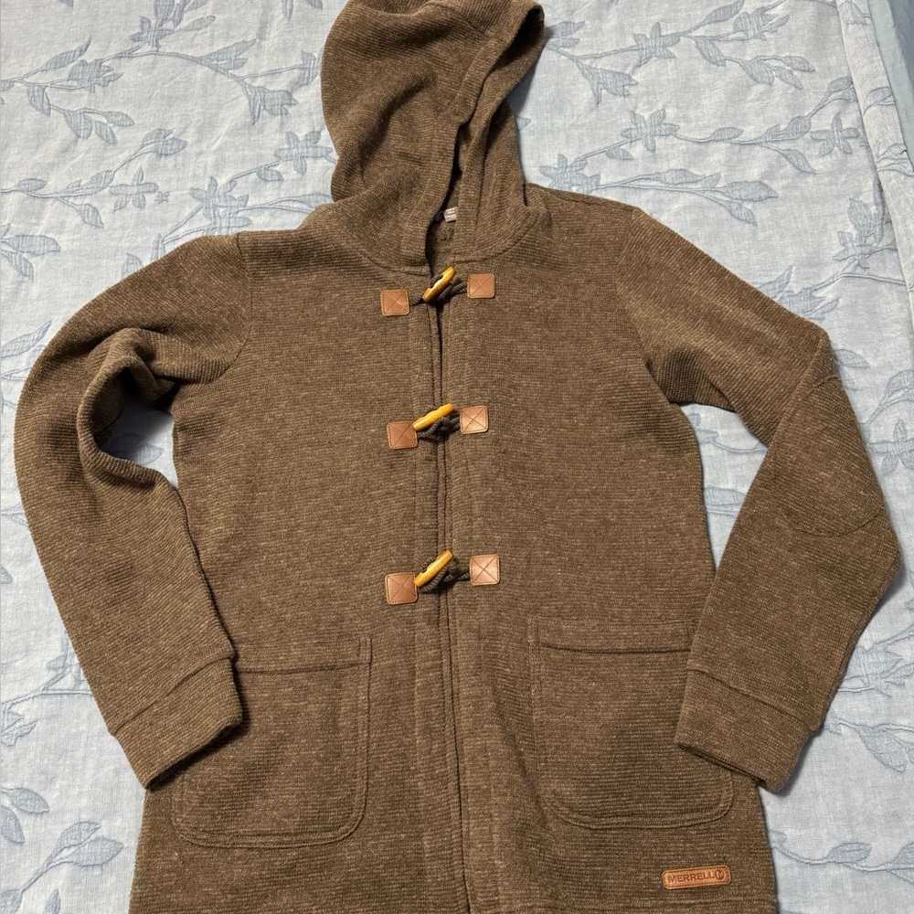 Merrell “Hewes” brown wool toggle sweater jacket S/P